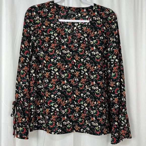 J.Crew Women’s 10 Mercantile Floral Long Tie-sleeve V-Neck Blouse - Picture 1 of 7